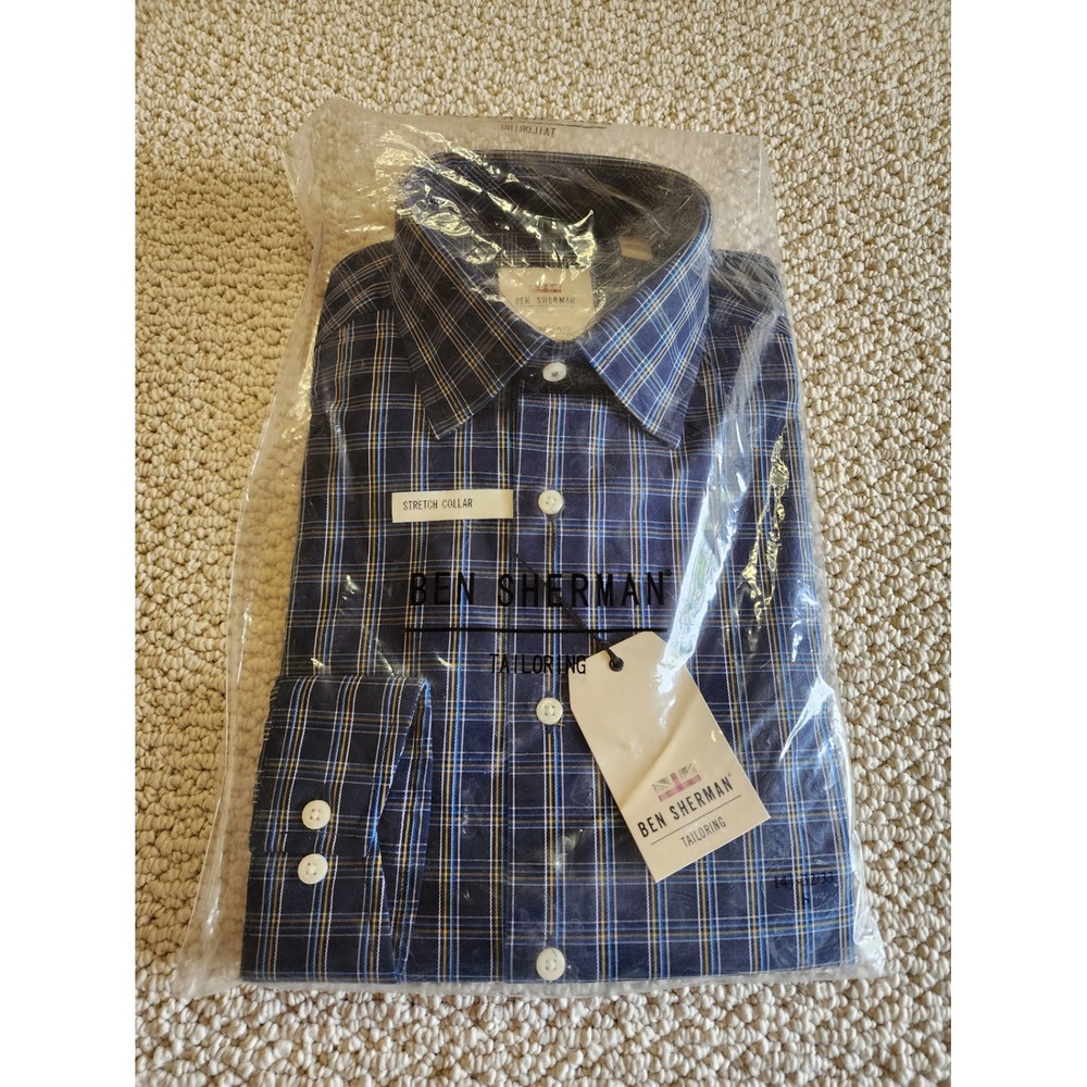 Ben Sherman Navy Gold‎ Plaid Dress Shirt 14.5 32/33 Tailored Stretch Collar NEW